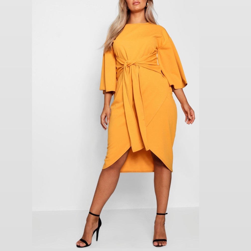 Boohoo Plus Kimono Sleeve Wrap Over Midi Dress, Size 12, Color Mustard